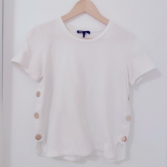 Maje Tops - Maje White Short Sleeve Tee with Side Button Detail